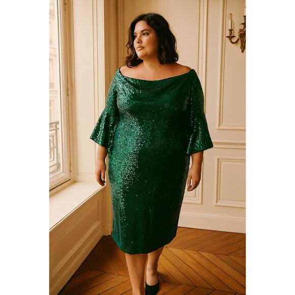 Eloquii Green Sequin Flared Sleeve Sheath NWT Dress 18 - Picture 1 of 11